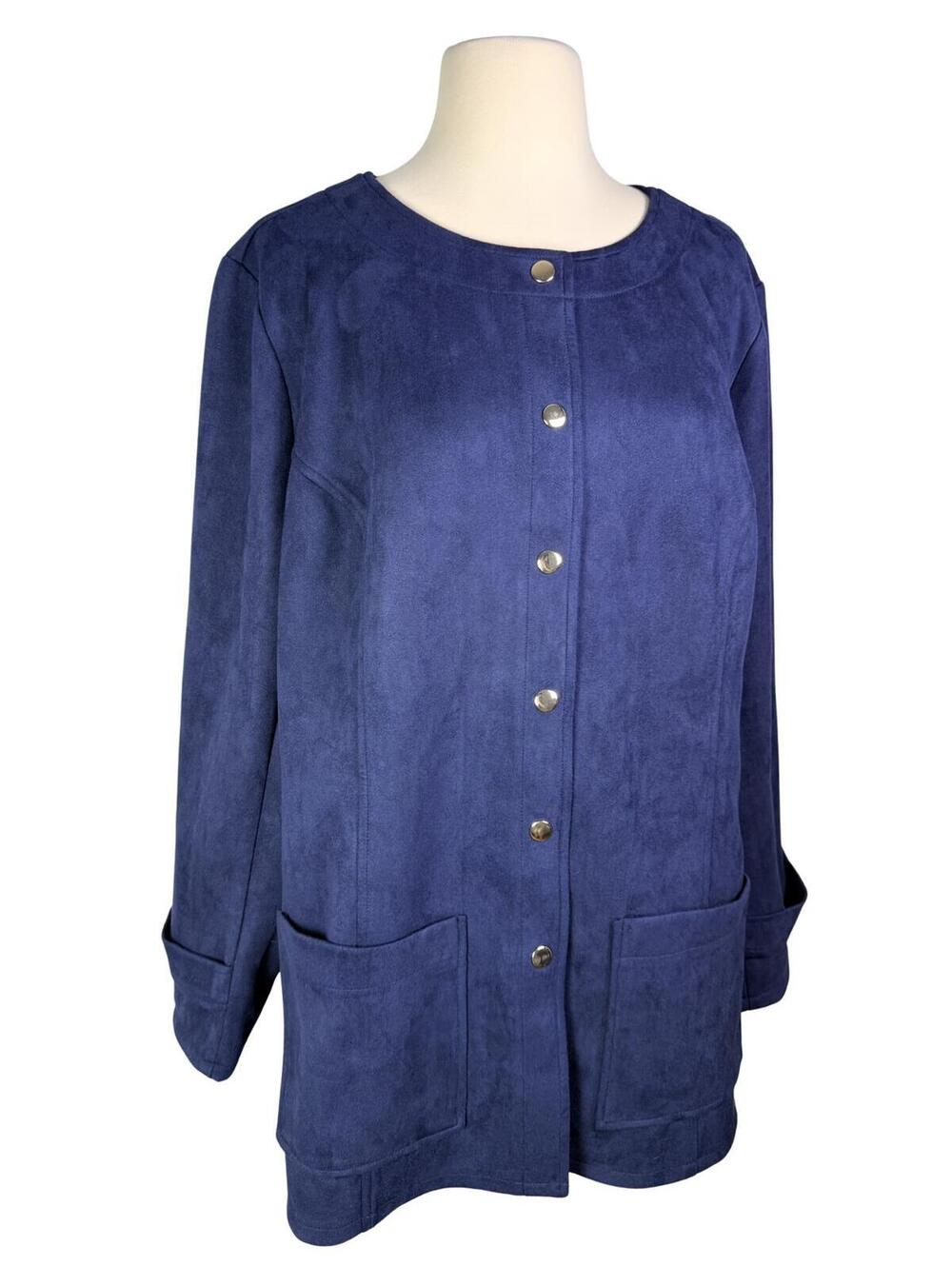 Bob Mackie Wearable Art Blue Faux Suede Jacket 1X Gold Snap Button Blazer